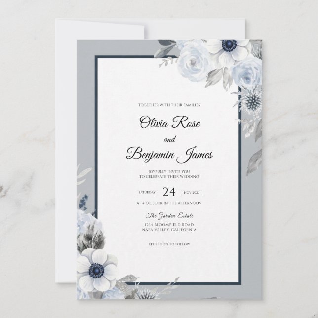 Convites Casamento Pétala Prata Gelo (Frente)