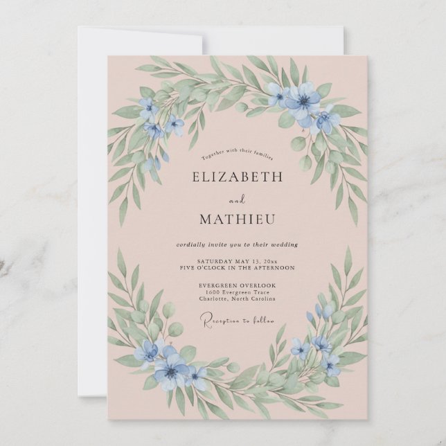 Convites Casamento Pétala Romântica Azul Rosa (Frente)