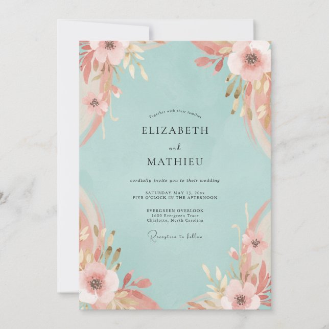 Convites Casamento Pétala Rosa Água (Frente)