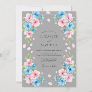 Convites Casamento Pétala Rosa Azul Aço