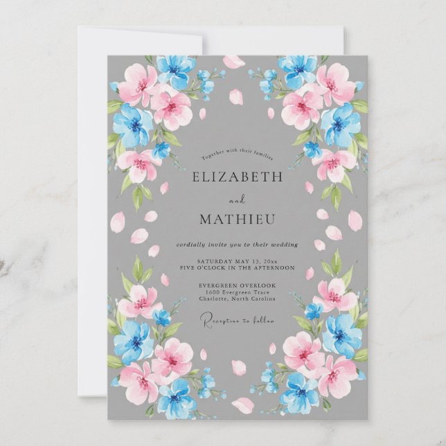Convites Casamento Pétala Rosa Azul Aço (Frente)