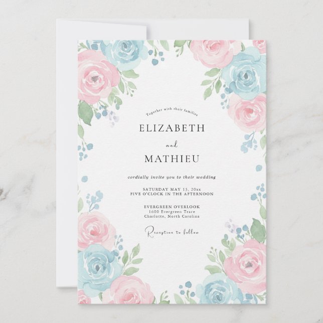 Convites Casamento Pétala Rosa Azul Pó (Frente)
