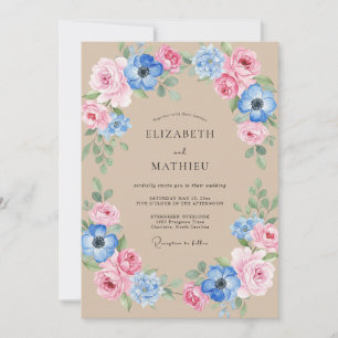 Convites Casamento Pétala Rosa Bege Azul Centáurea