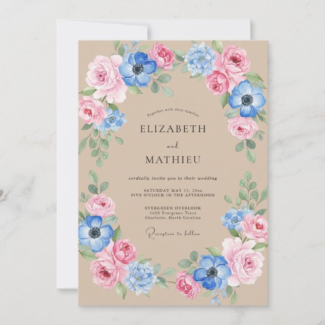 Convites Casamento Pétala Rosa Bege Azul Centáurea (Frente)