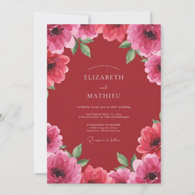 Convites Casamento Pétala Rosa Carmesim (Frente)