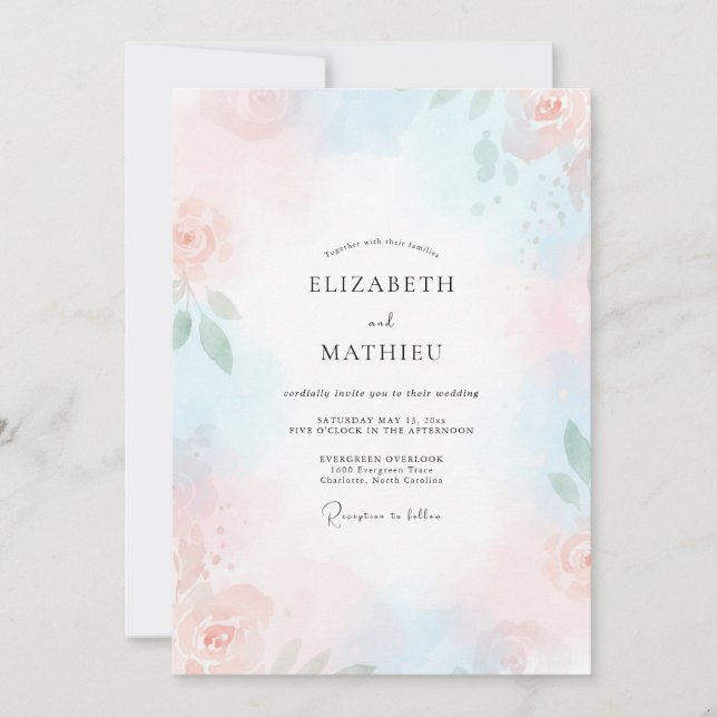 Convites Casamento Pétala Rosa Cerúleo (Frente)