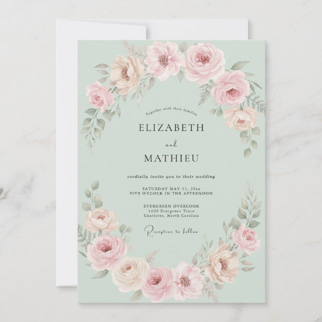 Convites Casamento Pétala Rosa Menta (Frente)