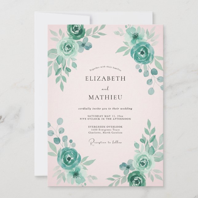 Convites Casamento Pétala Rosa Pálido Aqua (Frente)