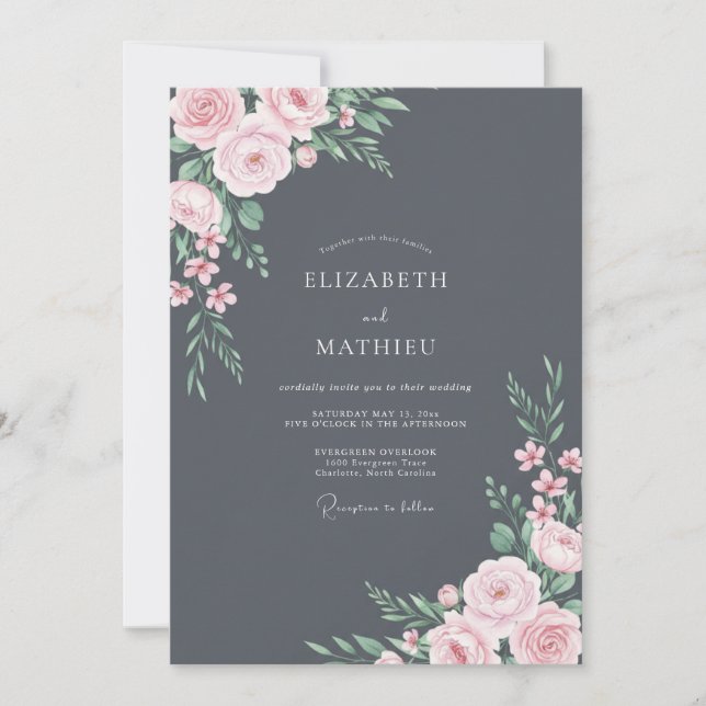 Convites Casamento Pétala Rosa Pálido Slate (Frente)