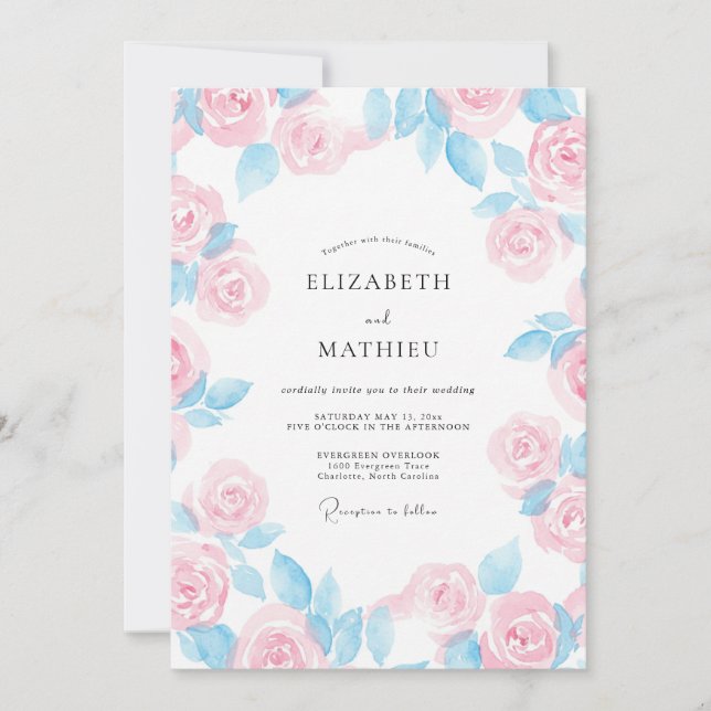 Convites Casamento Pétala Rosa Pastel Centáurea (Frente)