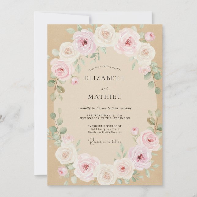 Convites Casamento Pétala Rosa Pastel Champanhe (Frente)