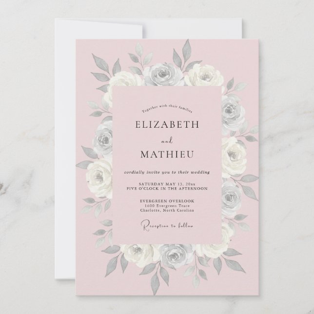Convites Casamento Pétala Rosa Pastel Empoeirada (Frente)
