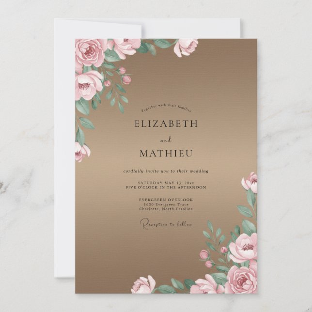 Convites Casamento Pétala Rosa Poeira Mocha (Frente)