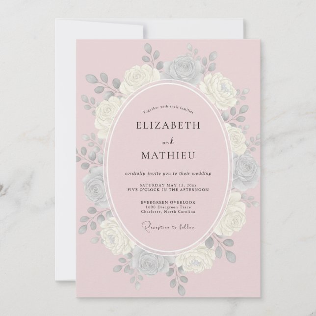 Convites Casamento Pétala Rosa Prata (Frente)