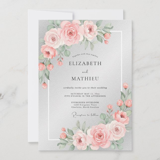 Convites Casamento Pétala Rosa Prateado (Frente)