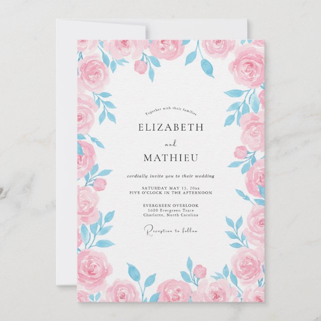 Convites Casamento Pétala Rosa Suave Pó de Açúcar Azure (Frente)