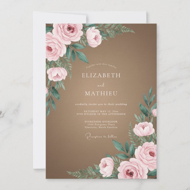 Convites Casamento Pétala Rosa Suave Taupe (Frente)