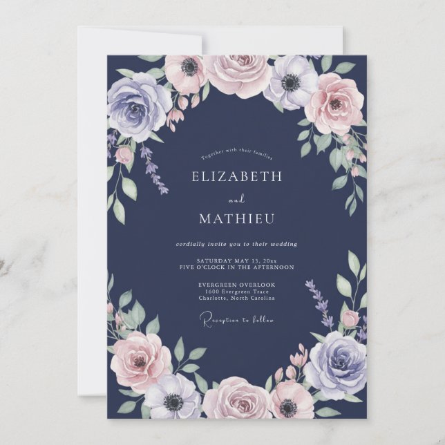 Convites Casamento Pétala Rosa Velho Marinho (Frente)