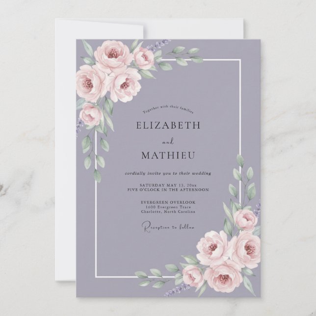 Convites Casamento Pétala Roxo Ardósia (Frente)