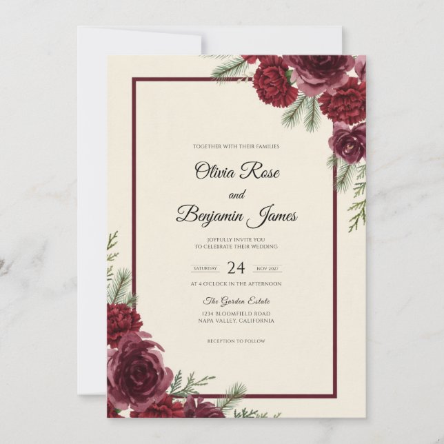 Convites Casamento Pétala Rubi Bege (Frente)