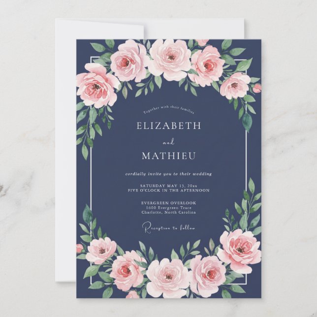 Convites Casamento Pétala Rubor Meia-Noite (Frente)