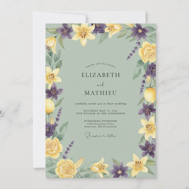 Convites Casamento Pétala Violeta Amarela (Frente)