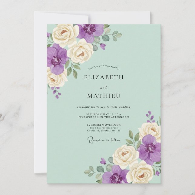 Convites Casamento Pétala Violeta Menta (Frente)
