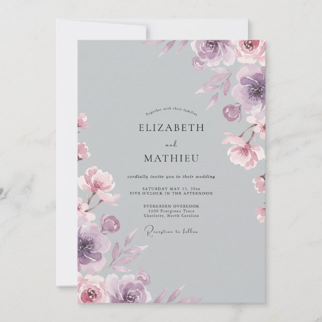 Convites Casamento Pétala Violeta Prata (Frente)