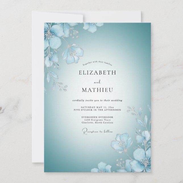 Convites Casamento Pétalas Pintadas de Azul Claro (Frente)
