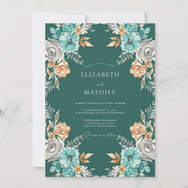 Convites Casamento Petrol Âmbar Ranunculus Eucalipto (Frente)