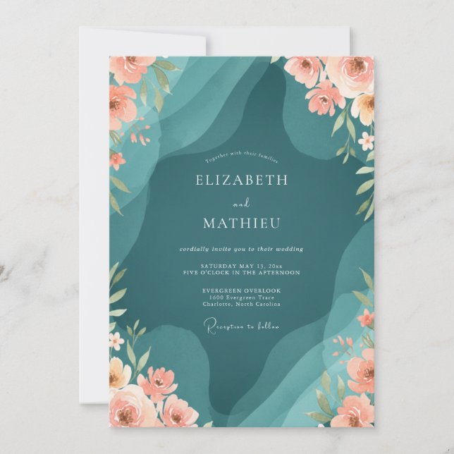 Convites Casamento Petrol Apricot Ranunculus Eucalipto (Frente)