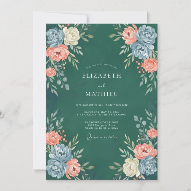 Convites Casamento Petrol Coral Ranunculus Eucalipto (Frente)