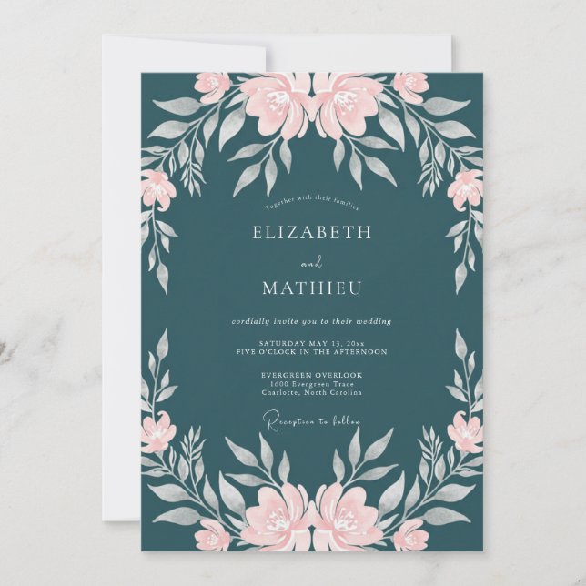 Convites Casamento Petrol Rosa Ranunculus Eucalipto (Frente)