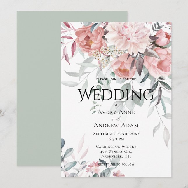 Convites Casamento Pink Watercolor Peony Greenery (Frente/Verso)