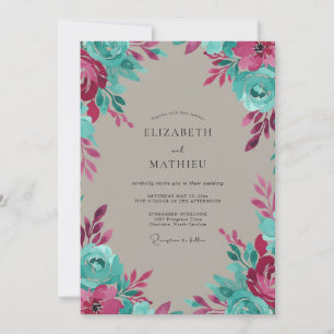 Convites Casamento Pintado à Mão Aqua Magenta