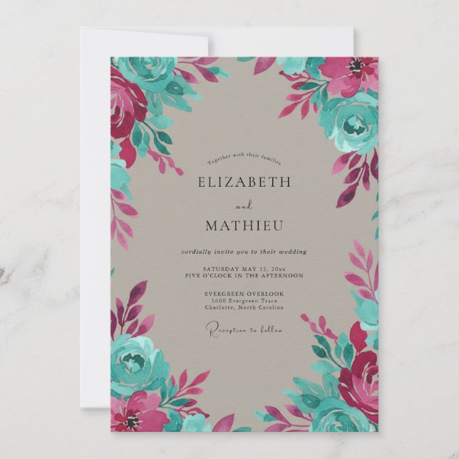 Convites Casamento Pintado à Mão Aqua Magenta (Frente)