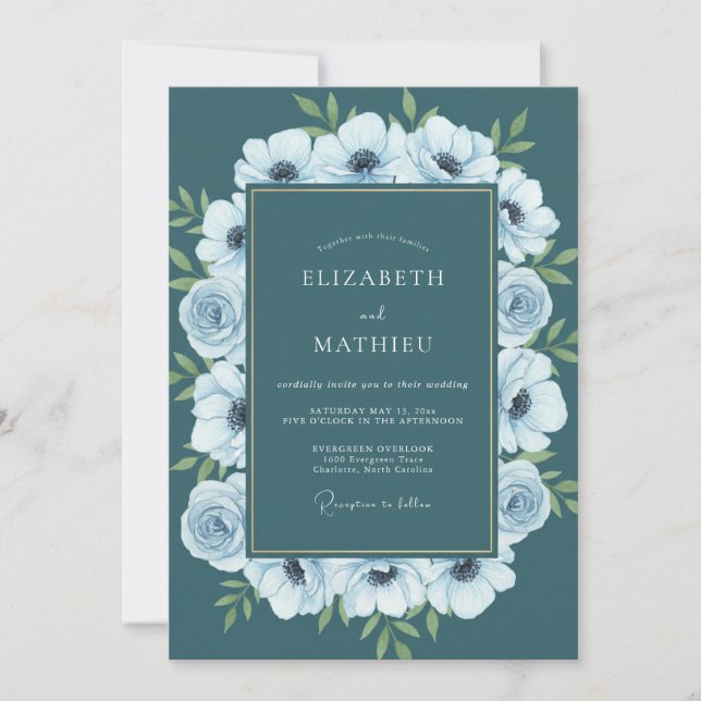 Convites Casamento Pintado Anêmona Verde Azul (Frente)