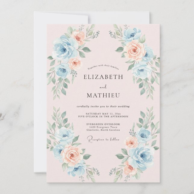 Convites Casamento Pintado Azul Apricot (Frente)