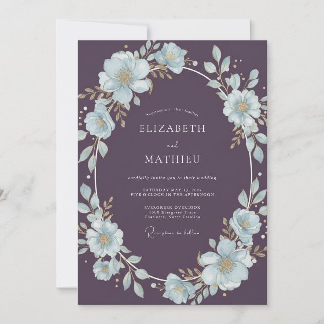 Convites Casamento Pintado Azul Gélido de Ameixa (Frente)