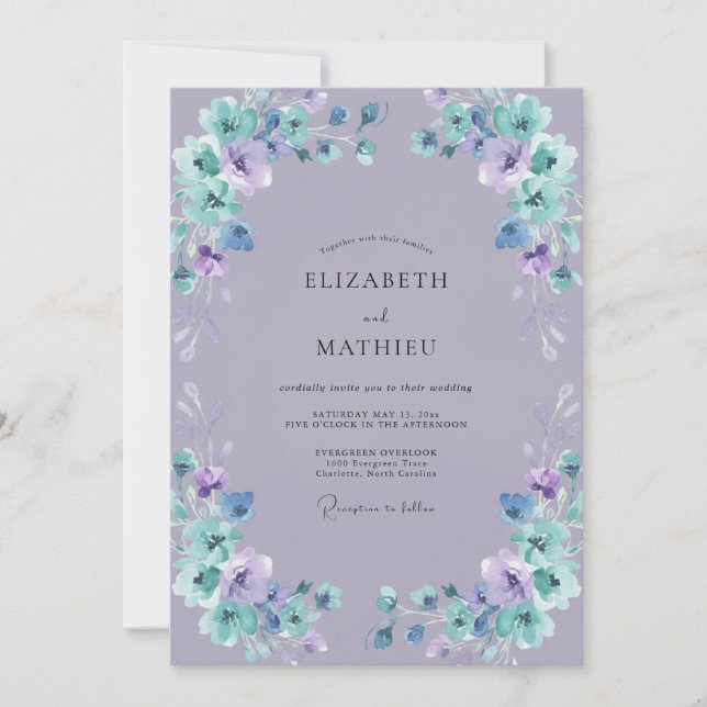 Convites Casamento Pintado Boho Periwinkle Teal (Frente)