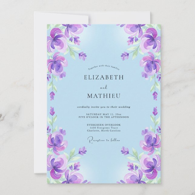 Convites Casamento Pintado Boho Violeta Azul (Frente)