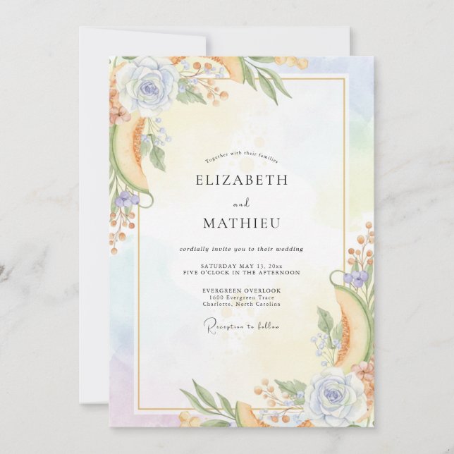 Convites Casamento Pintado com Alperce e Periwinkle (Frente)