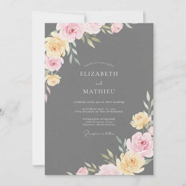 Convites Casamento Pintado com Blush Amarelo Carvão (Frente)