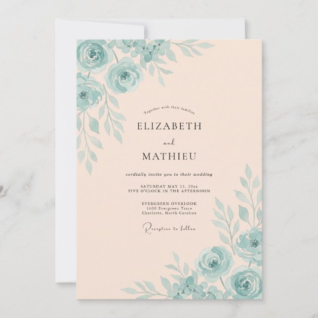 Convites Casamento Pintado com Champanhe Aqua Blush (Frente)