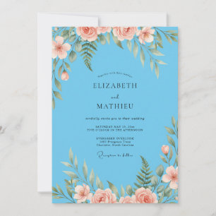 Convites Casamento Pintado com Coral e Azul-Celeste