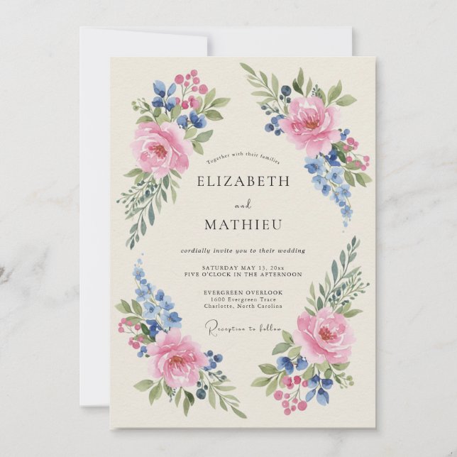 Convites Casamento Pintado com Cornflower Rosado (Frente)