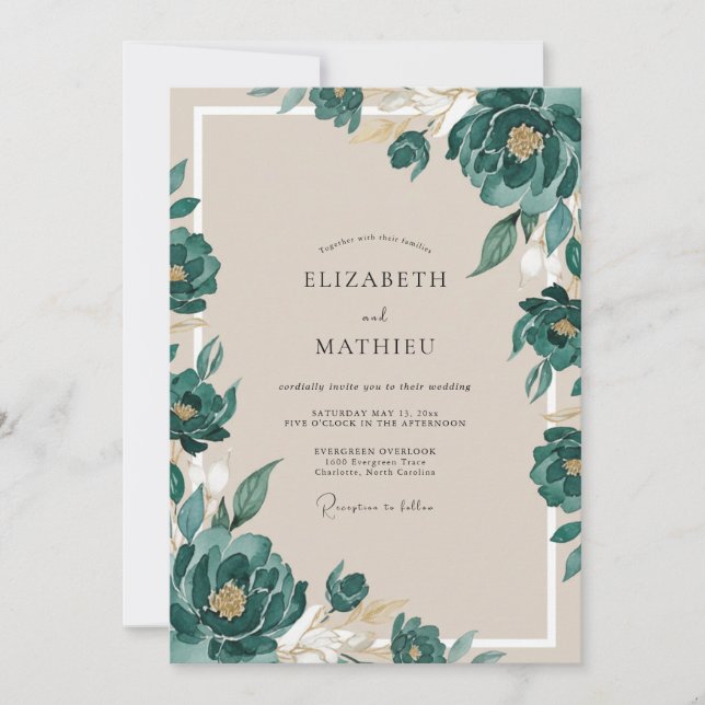 Convites Casamento Pintado com Esmeralda e Champanhe (Frente)