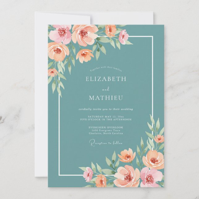 Convites Casamento Pintado com Flor de Turquesa (Frente)