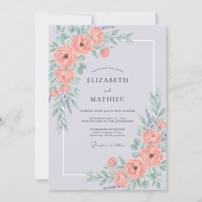 Convites Casamento Pintado com Flores de Coral (Frente)