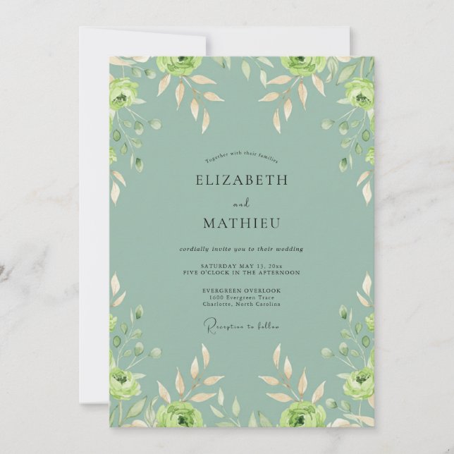 Convites Casamento Pintado com Folhas em Cor de Espuma do M (Frente)